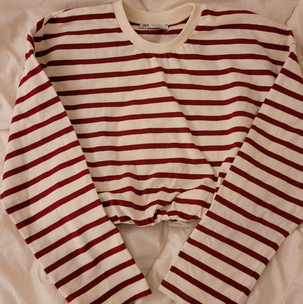 Zara Red Striped Long Sleeve Crop Top
